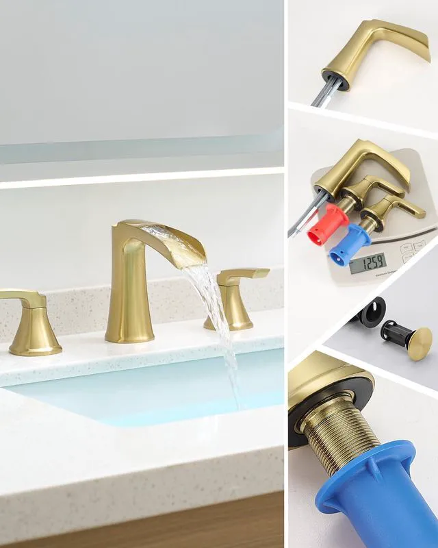 Alt view image 6 of 7 - Waterfall 8 Inch Bathroom Faucet 3 Hole, Polished Brushed Gold Widespread Two-handle Bathroom Sink Faucet, Lead-free Brass Faucet for Bathroom Sink with Pop-up Drain