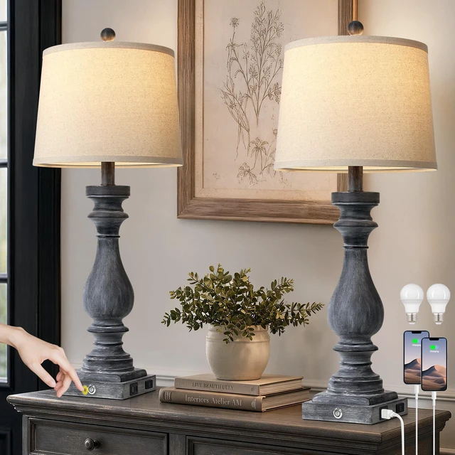 Main image of 29" Tall Farmhouse Table Lamp for Living Room Set of 2,Vintage Retro Nightstand Lamps with USB C+A Ports & AC Outlet,3-Way Dimmable Touch Bedside Lamp for Bedroom Side Table,Distressed Black