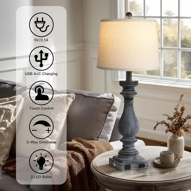 Alt view image 2 of 7 - 29" Tall Farmhouse Table Lamp for Living Room Set of 2,Vintage Retro Nightstand Lamps with USB C+A Ports & AC Outlet,3-Way Dimmable Touch Bedside Lamp for Bedroom Side Table,Distressed Black