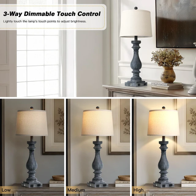 Alt view image 3 of 7 - 29" Tall Farmhouse Table Lamp for Living Room Set of 2,Vintage Retro Nightstand Lamps with USB C+A Ports & AC Outlet,3-Way Dimmable Touch Bedside Lamp for Bedroom Side Table,Distressed Black