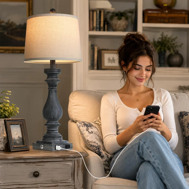 Alt view image 4 of 7 - 29" Tall Farmhouse Table Lamp for Living Room Set of 2,Vintage Retro Nightstand Lamps with USB C+A Ports & AC Outlet,3-Way Dimmable Touch Bedside Lamp for Bedroom Side Table,Distressed Black