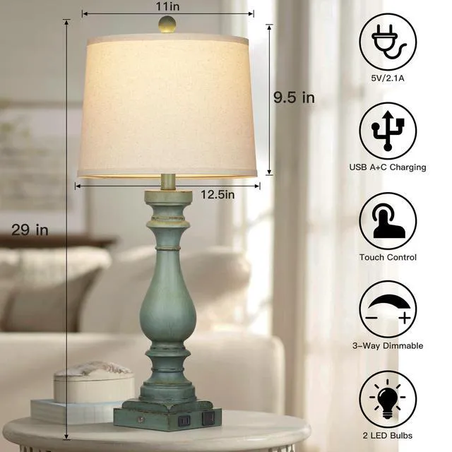 Alt view image 2 of 7 - 29" Tall Table Lamp for Living Room Set of 2,Vintage Bedside Nightstand Lamps with USB C+A Ports & AC Outlet,3-Way Dimmable Touch Control Retro Green Desk Lamp for Bedroom,Color 4