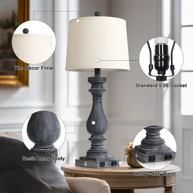 Alt view image 7 of 7 - 29" Tall Farmhouse Table Lamp for Living Room Set of 2,Vintage Retro Nightstand Lamps with USB C+A Ports & AC Outlet,3-Way Dimmable Touch Bedside Lamp for Bedroom Side Table,Distressed Black