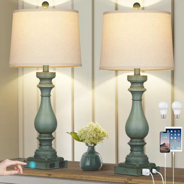 Main image of 29" Tall Table Lamp for Living Room Set of 2,Vintage Bedside Nightstand Lamps with USB C+A Ports & AC Outlet,3-Way Dimmable Touch Control Retro Green Desk Lamp for Bedroom,Color 4