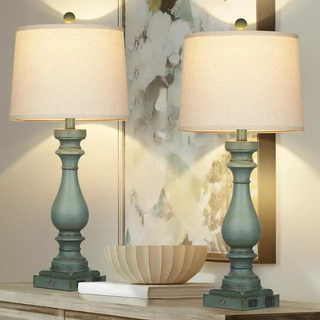 Alt view image 3 of 7 - 29" Tall Table Lamp for Living Room Set of 2,Vintage Bedside Nightstand Lamps with USB C+A Ports & AC Outlet,3-Way Dimmable Touch Control Retro Green Desk Lamp for Bedroom,Color 4