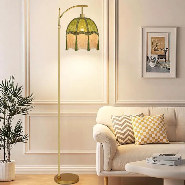 Alt view image 6 of 7 - Vintage Floor Lamps for Living Room Boho Rustic Floor Lamp with Remote Control & 3 Color Temperature,Dimmable Gold Floor Lamp Mid Century Modern Standing Lamp Fringe Green Tall Floor Lamp For Bedroom