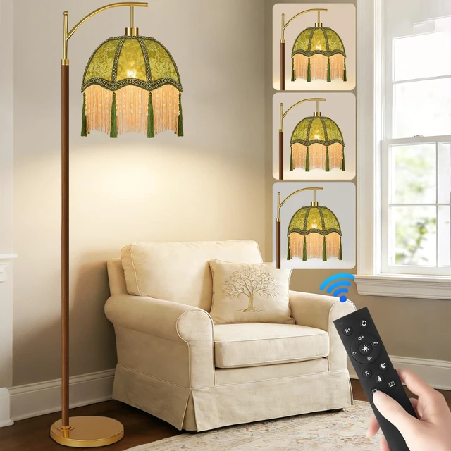 Main image of Wood Floor Lamps for Living Room Arc Boho Floor Lamp with Remote Control &3 Color Temperature,Vintage Green Floor Lamp Flower Mid Century Modern Standing Lamp Fringe Tall Floor Lamp for Bedroom Corner