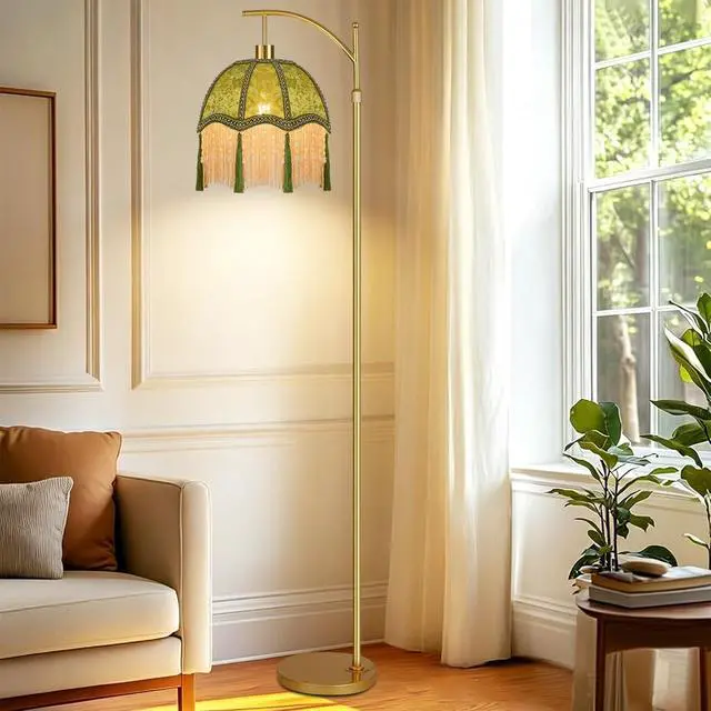 Alt view image 7 of 7 - Vintage Floor Lamps for Living Room Boho Rustic Floor Lamp with Remote Control & 3 Color Temperature,Dimmable Gold Floor Lamp Mid Century Modern Standing Lamp Fringe Green Tall Floor Lamp For Bedroom