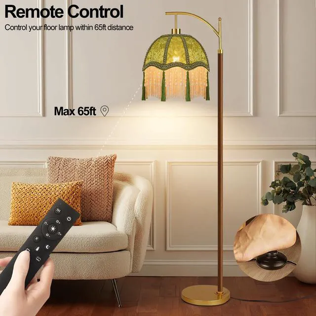 Alt view image 4 of 7 - Wood Floor Lamps for Living Room Arc Boho Floor Lamp with Remote Control &3 Color Temperature,Vintage Green Floor Lamp Flower Mid Century Modern Standing Lamp Fringe Tall Floor Lamp for Bedroom Corner
