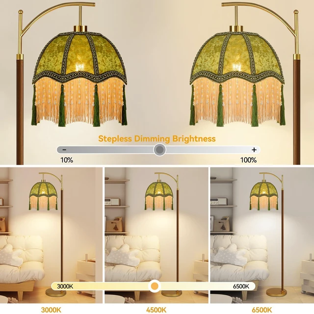 Alt view image 2 of 7 - Wood Floor Lamps for Living Room Arc Boho Floor Lamp with Remote Control &3 Color Temperature,Vintage Green Floor Lamp Flower Mid Century Modern Standing Lamp Fringe Tall Floor Lamp for Bedroom Corner