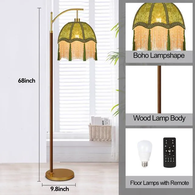 Alt view image 6 of 7 - Wood Floor Lamps for Living Room Arc Boho Floor Lamp with Remote Control &3 Color Temperature,Vintage Green Floor Lamp Flower Mid Century Modern Standing Lamp Fringe Tall Floor Lamp for Bedroom Corner