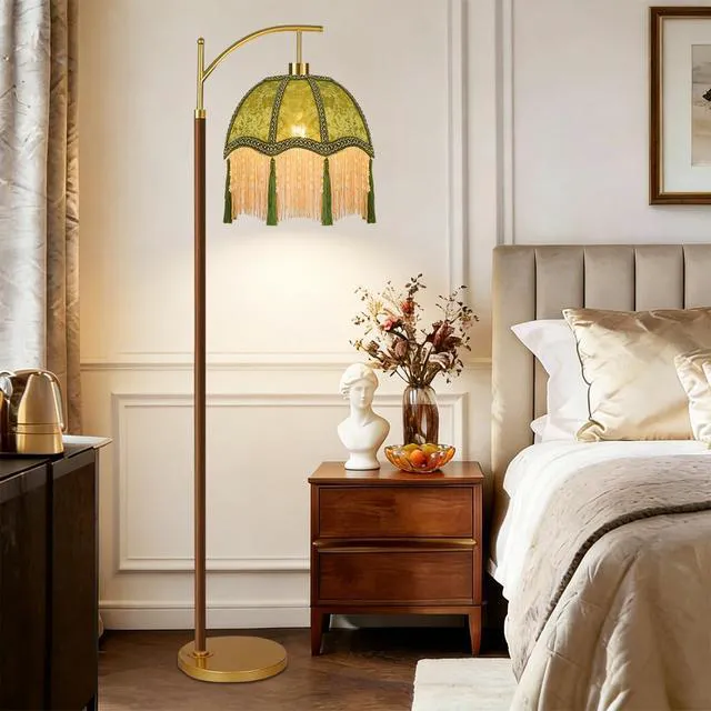 Alt view image 3 of 7 - Wood Floor Lamps for Living Room Arc Boho Floor Lamp with Remote Control &3 Color Temperature,Vintage Green Floor Lamp Flower Mid Century Modern Standing Lamp Fringe Tall Floor Lamp for Bedroom Corner