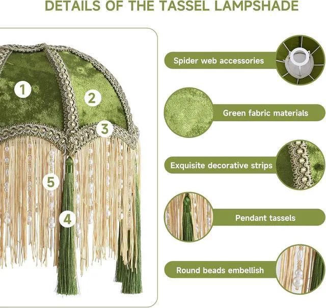 Alt view image 5 of 7 - Vintage Floor Lamp for Living Room,Bedroom,Dimmable Standing Lamp with Remote,Green Mid Century Gold Tall Lamp Boho Retro Floor Light Wood Fringe Tassel Flower Unique Tiffany Victorian Decor