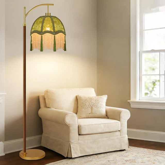 Alt view image 7 of 7 - Wood Floor Lamps for Living Room Arc Boho Floor Lamp with Remote Control &3 Color Temperature,Vintage Green Floor Lamp Flower Mid Century Modern Standing Lamp Fringe Tall Floor Lamp for Bedroom Corner
