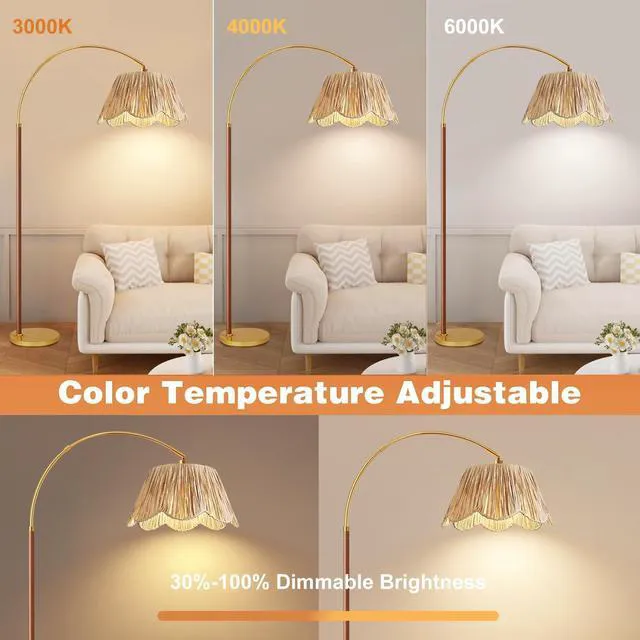 Alt view image 2 of 7 - Vintage Arc Floor Lamps for Living Room Farmhouse Wood Floor Lamp with Remote Control,Dimmable Rattan Floor Lamp Boho Standing Lamp with 3 Color Temperature Wicker Tall Floor Lamp for Bedroom Corner