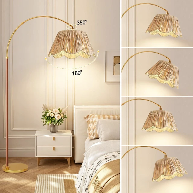 Alt view image 3 of 7 - Vintage Arc Floor Lamps for Living Room Farmhouse Wood Floor Lamp with Remote Control,Dimmable Rattan Floor Lamp Boho Standing Lamp with 3 Color Temperature Wicker Tall Floor Lamp for Bedroom Corner