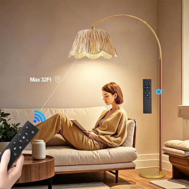 Alt view image 4 of 7 - Vintage Arc Floor Lamps for Living Room Farmhouse Wood Floor Lamp with Remote Control,Dimmable Rattan Floor Lamp Boho Standing Lamp with 3 Color Temperature Wicker Tall Floor Lamp for Bedroom Corner