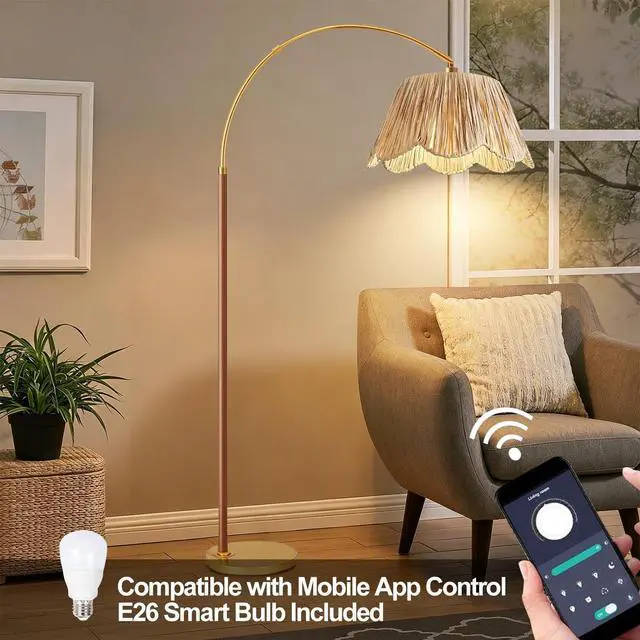 Alt view image 7 of 7 - Vintage Arc Floor Lamps for Living Room Farmhouse Wood Floor Lamp with Remote Control,Dimmable Rattan Floor Lamp Boho Standing Lamp with 3 Color Temperature Wicker Tall Floor Lamp for Bedroom Corner