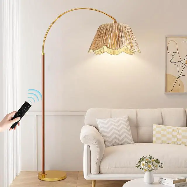 Alt view image 6 of 7 - Vintage Arc Floor Lamps for Living Room Farmhouse Wood Floor Lamp with Remote Control,Dimmable Rattan Floor Lamp Boho Standing Lamp with 3 Color Temperature Wicker Tall Floor Lamp for Bedroom Corner