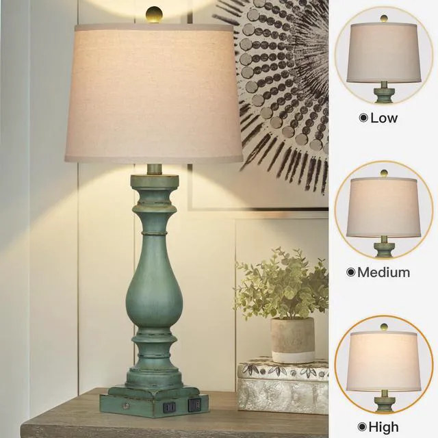 Alt view image 4 of 7 - 29" Tall Table Lamp for Living Room Set of 2,Vintage Bedside Nightstand Lamps with USB C+A Ports & AC Outlet,3-Way Dimmable Touch Control Retro Green Desk Lamp for Bedroom,Color 4