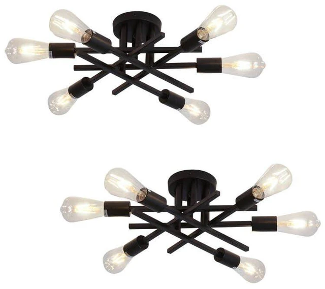 Main image of 6-Lights Semi Flush Mount Ceiling Light Fixture 2-Pack Black Vintage Matte Sputnik Chandelier Ceiling Lamp for Farmhouse Dining Room Living Room Bedroom Kitchen Entryway
