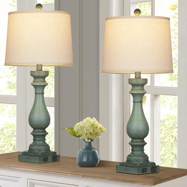 Alt view image 7 of 7 - 29" Tall Table Lamp for Living Room Set of 2,Vintage Bedside Nightstand Lamps with USB C+A Ports & AC Outlet,3-Way Dimmable Touch Control Retro Green Desk Lamp for Bedroom,Color 4