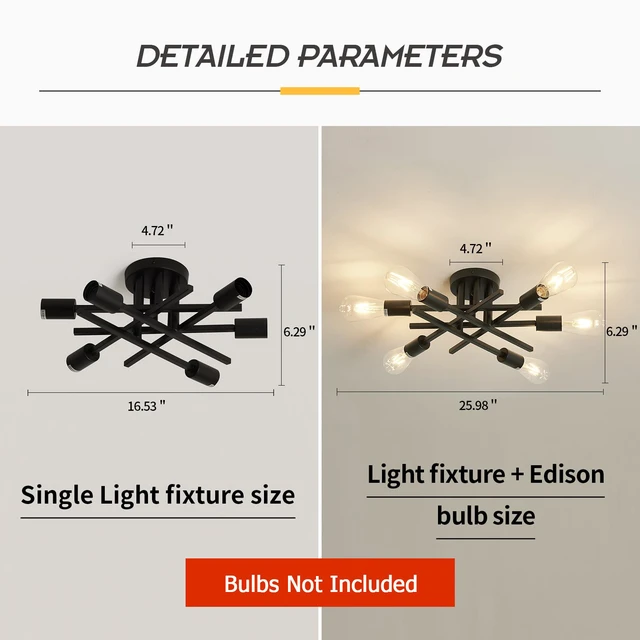 Alt view image 4 of 7 - 6-Lights Semi Flush Mount Ceiling Light Fixture 2-Pack Black Vintage Matte Sputnik Chandelier Ceiling Lamp for Farmhouse Dining Room Living Room Bedroom Kitchen Entryway