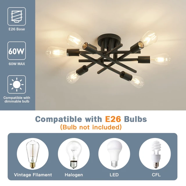 Alt view image 3 of 7 - 6-Lights Semi Flush Mount Ceiling Light Fixture 2-Pack Black Vintage Matte Sputnik Chandelier Ceiling Lamp for Farmhouse Dining Room Living Room Bedroom Kitchen Entryway