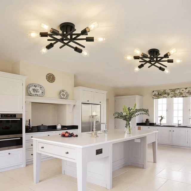 Alt view image 2 of 7 - 6-Lights Semi Flush Mount Ceiling Light Fixture 2-Pack Black Vintage Matte Sputnik Chandelier Ceiling Lamp for Farmhouse Dining Room Living Room Bedroom Kitchen Entryway