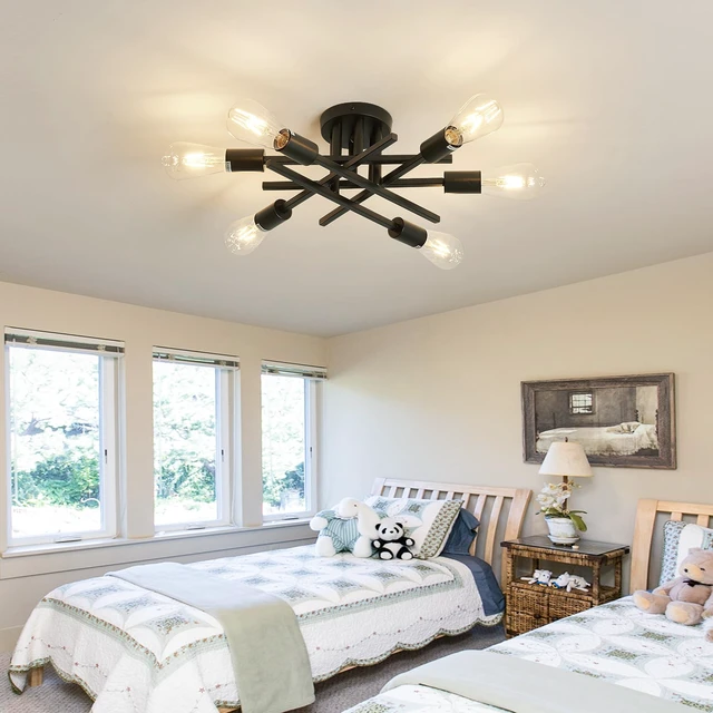 Alt view image 6 of 7 - 6-Lights Semi Flush Mount Ceiling Light Fixture 2-Pack Black Vintage Matte Sputnik Chandelier Ceiling Lamp for Farmhouse Dining Room Living Room Bedroom Kitchen Entryway