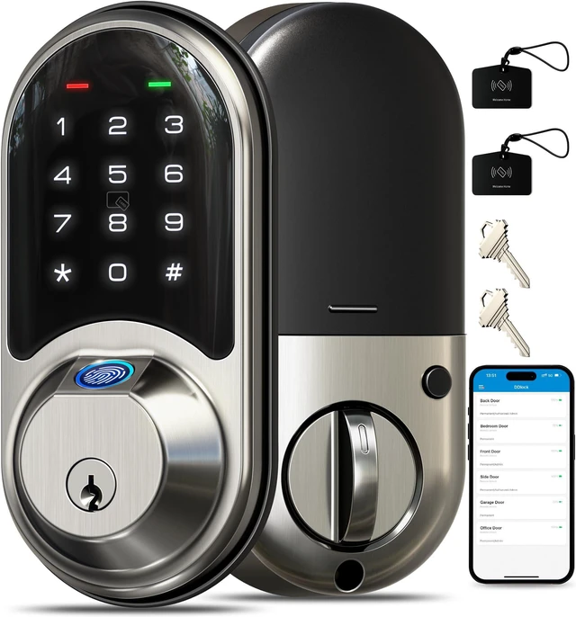RZ07 Fingerprint Smart Door Lock Deadbolt, App Control, Satin Nickel Remote Access Sharing, Fob Unlock, Keyless Entry for Front Door, Auto Lock, User Management, Easy Install, Low Battery Alarm