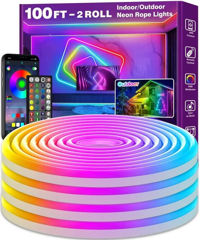 Main image of 100Ft Neon Rope Lights,Flexible Led Rope Lights Control with App/Remote,Multiple Modes RopeLights,IP65 Outdoor RGB Led Neon Lights NonWater Resistant,Music Sync Gaming Led NeonLight Strip