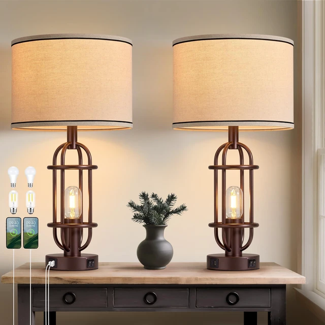 Main image of Farmhouse Table Lamps for Living Room Set of 2, Oil Rubbed Bronze Vintage Table Lamps for Bedroom, Bedside Lamps for Night Stands, Foyer, Dual Button Switch, USB A+C Ports, Bulbs Included