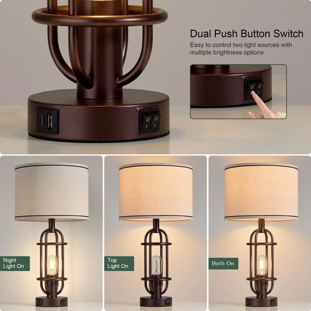 Alt view image 2 of 7 - Farmhouse Table Lamps for Living Room Set of 2, Oil Rubbed Bronze Vintage Table Lamps for Bedroom, Bedside Lamps for Night Stands, Foyer, Dual Button Switch, USB A+C Ports, Bulbs Included