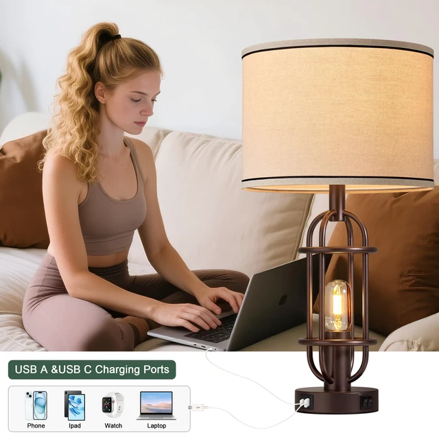 Alt view image 3 of 7 - Farmhouse Table Lamps for Living Room Set of 2, Oil Rubbed Bronze Vintage Table Lamps for Bedroom, Bedside Lamps for Night Stands, Foyer, Dual Button Switch, USB A+C Ports, Bulbs Included