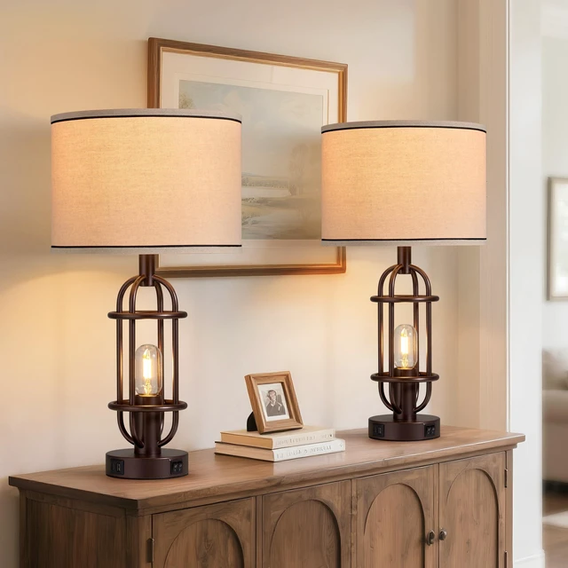 Alt view image 4 of 7 - Farmhouse Table Lamps for Living Room Set of 2, Oil Rubbed Bronze Vintage Table Lamps for Bedroom, Bedside Lamps for Night Stands, Foyer, Dual Button Switch, USB A+C Ports, Bulbs Included