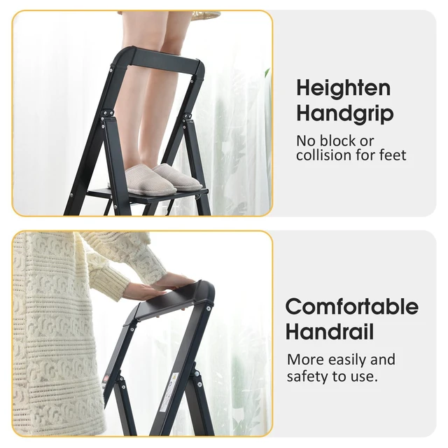 Alt view image 4 of 7 - Aluminium 3 Step Ladder, Lightweight Step Stool with Non-Slip Pedals, Handrail, 330 LBS Foldable Step Ladder for Kitchen, Garage, Home, Space Saving, Sturdy and Portable, Black