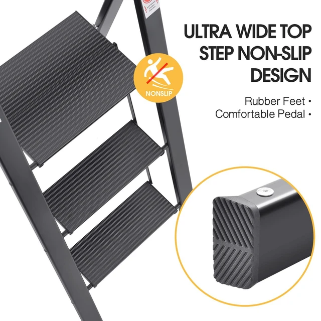 Alt view image 3 of 7 - Aluminium 3 Step Ladder, Lightweight Step Stool with Non-Slip Pedals, Handrail, 330 LBS Foldable Step Ladder for Kitchen, Garage, Home, Space Saving, Sturdy and Portable, Black
