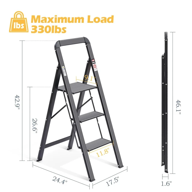 Alt view image 7 of 7 - Aluminium 3 Step Ladder, Lightweight Step Stool with Non-Slip Pedals, Handrail, 330 LBS Foldable Step Ladder for Kitchen, Garage, Home, Space Saving, Sturdy and Portable, Black
