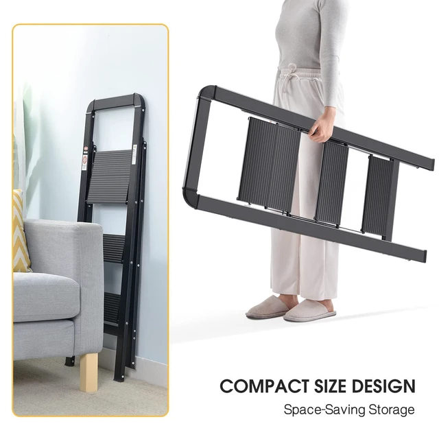 Alt view image 5 of 7 - Aluminium 3 Step Ladder, Lightweight Step Stool with Non-Slip Pedals, Handrail, 330 LBS Foldable Step Ladder for Kitchen, Garage, Home, Space Saving, Sturdy and Portable, Black