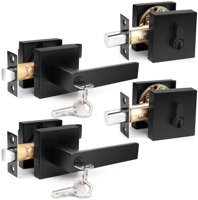 Main image of Square Entry Levers and Single Cylinder Deadbolts Combo Pack, Flat Black Keyed Alike Heavy Duty Keyed Entry Handles Locksets Reversible for Right and Left Side, 2 Pack(All Same Keys)