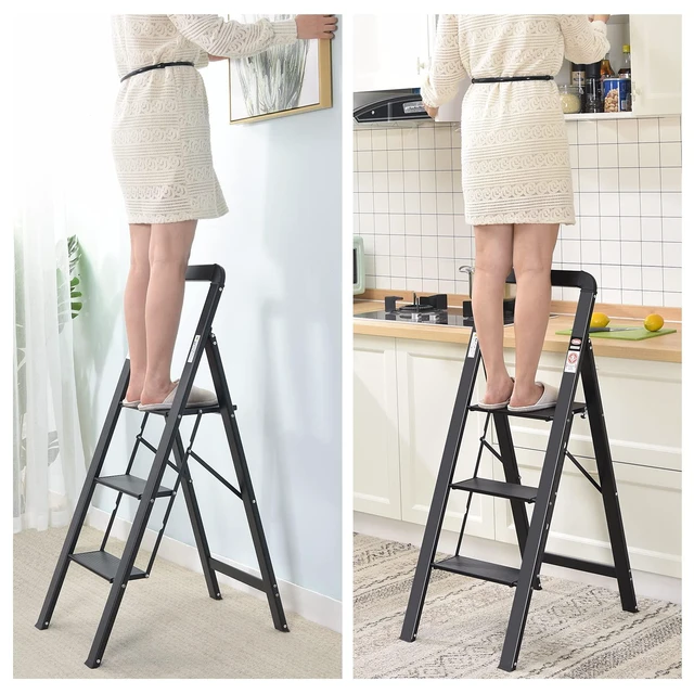 Alt view image 6 of 7 - Aluminium 3 Step Ladder, Lightweight Step Stool with Non-Slip Pedals, Handrail, 330 LBS Foldable Step Ladder for Kitchen, Garage, Home, Space Saving, Sturdy and Portable, Black