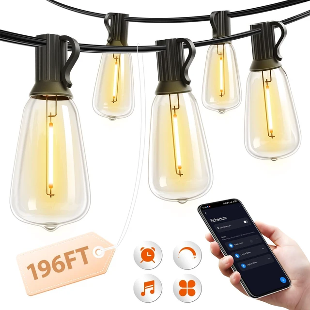 Main image of 196(49FT*4) Outdoor String Lights with APP LED Edison Waterproof Plastic ST38 Shatterproof Bulbs, Smart Extra Long Lighting, Hanging for Patio Outside Backyard Pergola Bistro Porch Garden