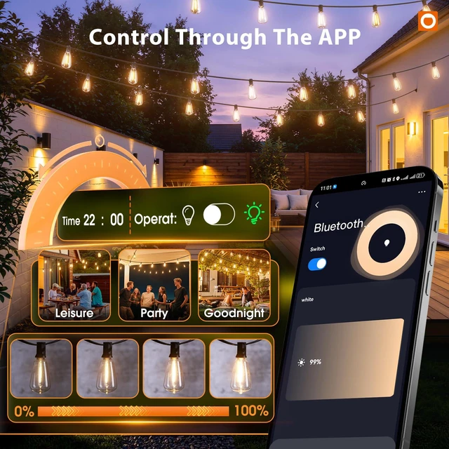 Alt view image 3 of 7 - 196(49FT*4) Outdoor String Lights with APP LED Edison Waterproof Plastic ST38 Shatterproof Bulbs, Smart Extra Long Lighting, Hanging for Patio Outside Backyard Pergola Bistro Porch Garden