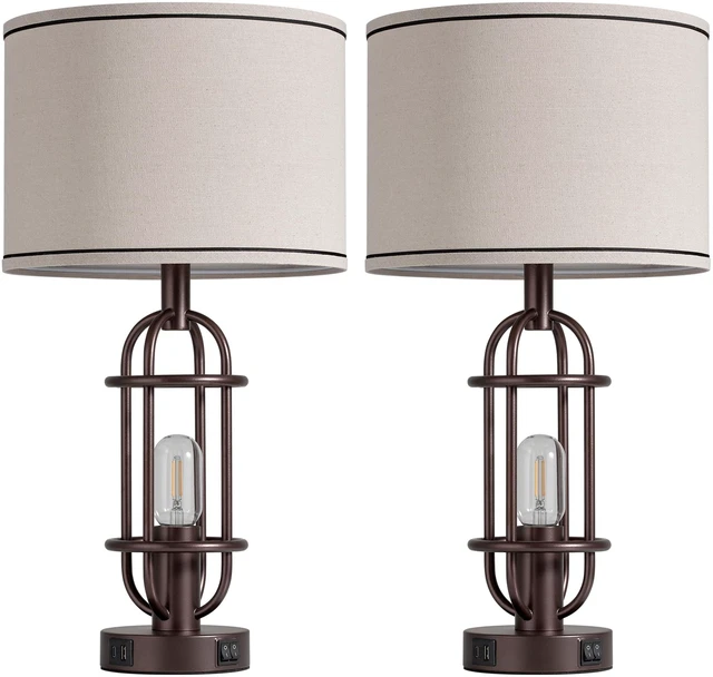 Alt view image 7 of 7 - Farmhouse Table Lamps for Living Room Set of 2, Oil Rubbed Bronze Vintage Table Lamps for Bedroom, Bedside Lamps for Night Stands, Foyer, Dual Button Switch, USB A+C Ports, Bulbs Included
