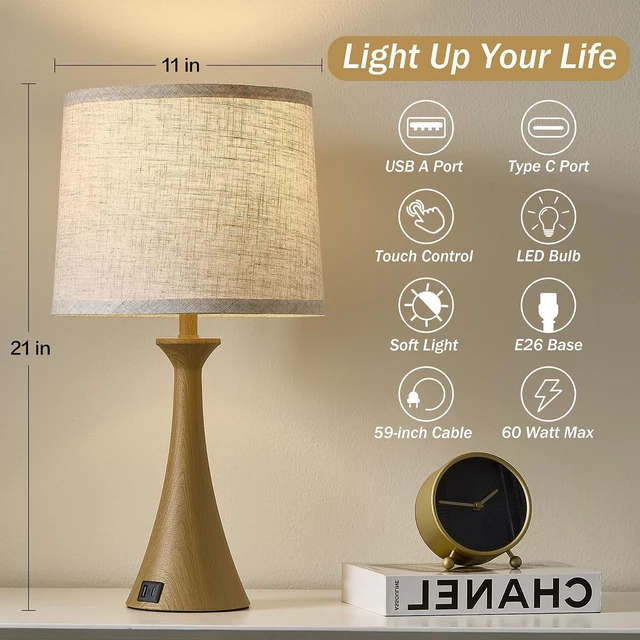 Alt view image 2 of 7 - Touch Table Lamps Set of 2, 21" Bedside Lamps with USB C+A 3 Way Dimmable Nightstand Lamps with Linen Shades, 2 LED Bulbs Included, Touch Lamp for Living Room, Bedroom and End Tables