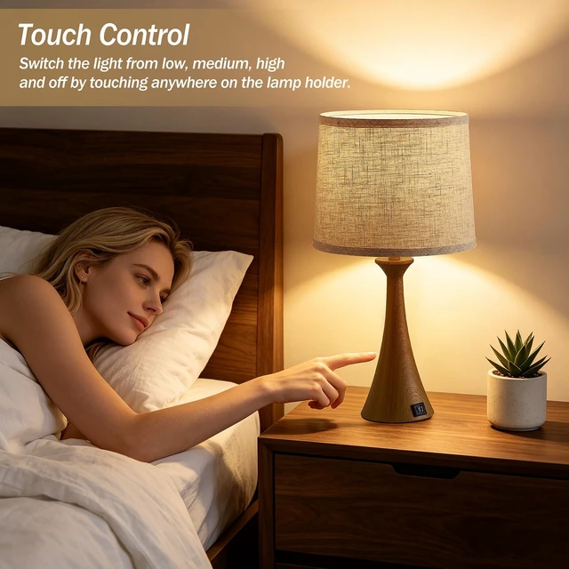 Alt view image 3 of 7 - Touch Table Lamps Set of 2, 21" Bedside Lamps with USB C+A 3 Way Dimmable Nightstand Lamps with Linen Shades, 2 LED Bulbs Included, Touch Lamp for Living Room, Bedroom and End Tables