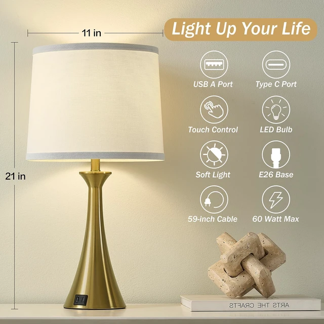 Alt view image 2 of 7 - Touch Table Lamps Set of 2, 21" Bedside Lamps with USB C+A 3 Way Dimmable Nightstand Lamps with Linen Shades, 2 LED Bulbs Included, Touch Lamp for Living Room, Bedroom and End Tables