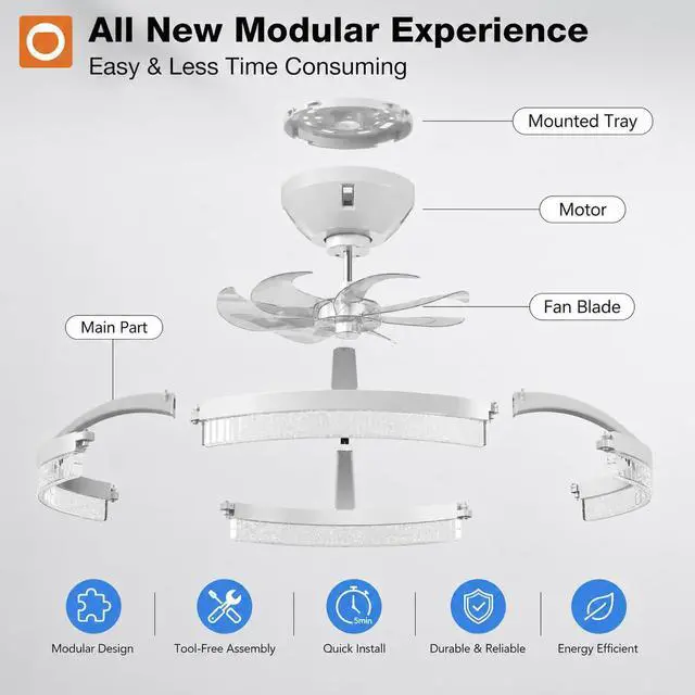 Alt view image 7 of 7 - 20" Ceiling Fans with Lights and Remote, Low Profile Fandelier 3000-6000K Dimmable LED, 6 Speeds, Reversible DC Motor, App Control, Memory Function, Timer, Quiet Operation