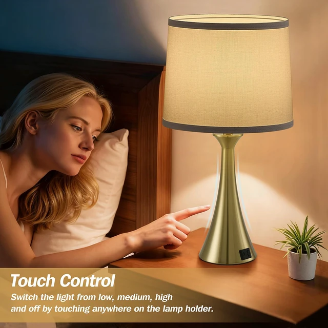 Alt view image 3 of 7 - Touch Table Lamps Set of 2, 21" Bedside Lamps with USB C+A 3 Way Dimmable Nightstand Lamps with Linen Shades, 2 LED Bulbs Included, Touch Lamp for Living Room, Bedroom and End Tables